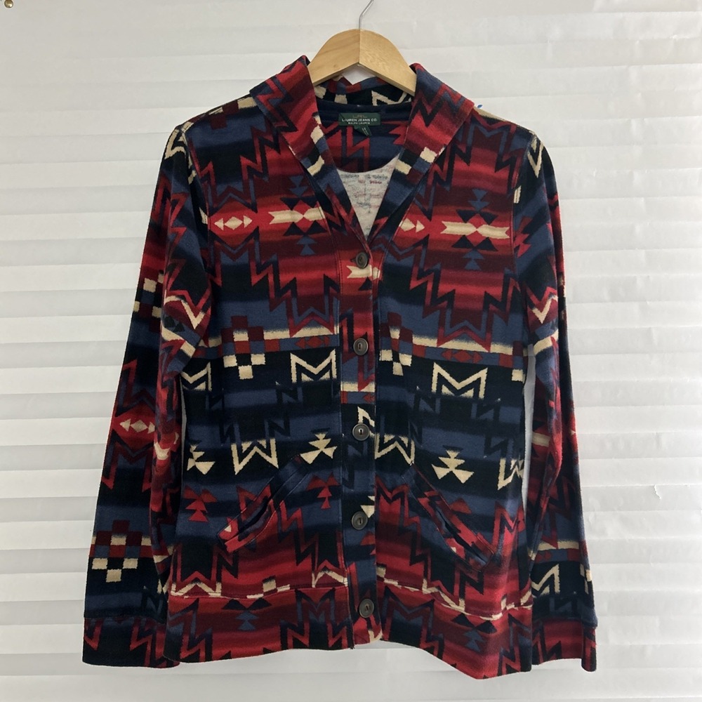 Lauren Ralph Lauren Womens L Cardigan Blazer‎ Button Front Aztec Print Pockets